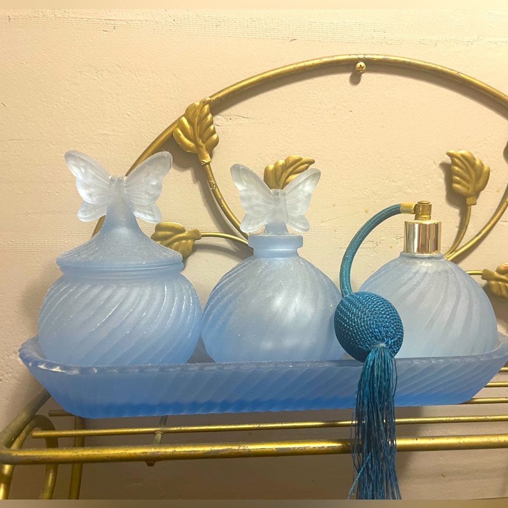 Vintage Vanity Set Blue Frosted Glass 4 Piece Tray Bottle, Jar, Perfume Atomizer